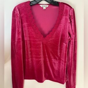 Boden Fuchsia Velvet V-Neck Long Sleeve Top with Lace Trim